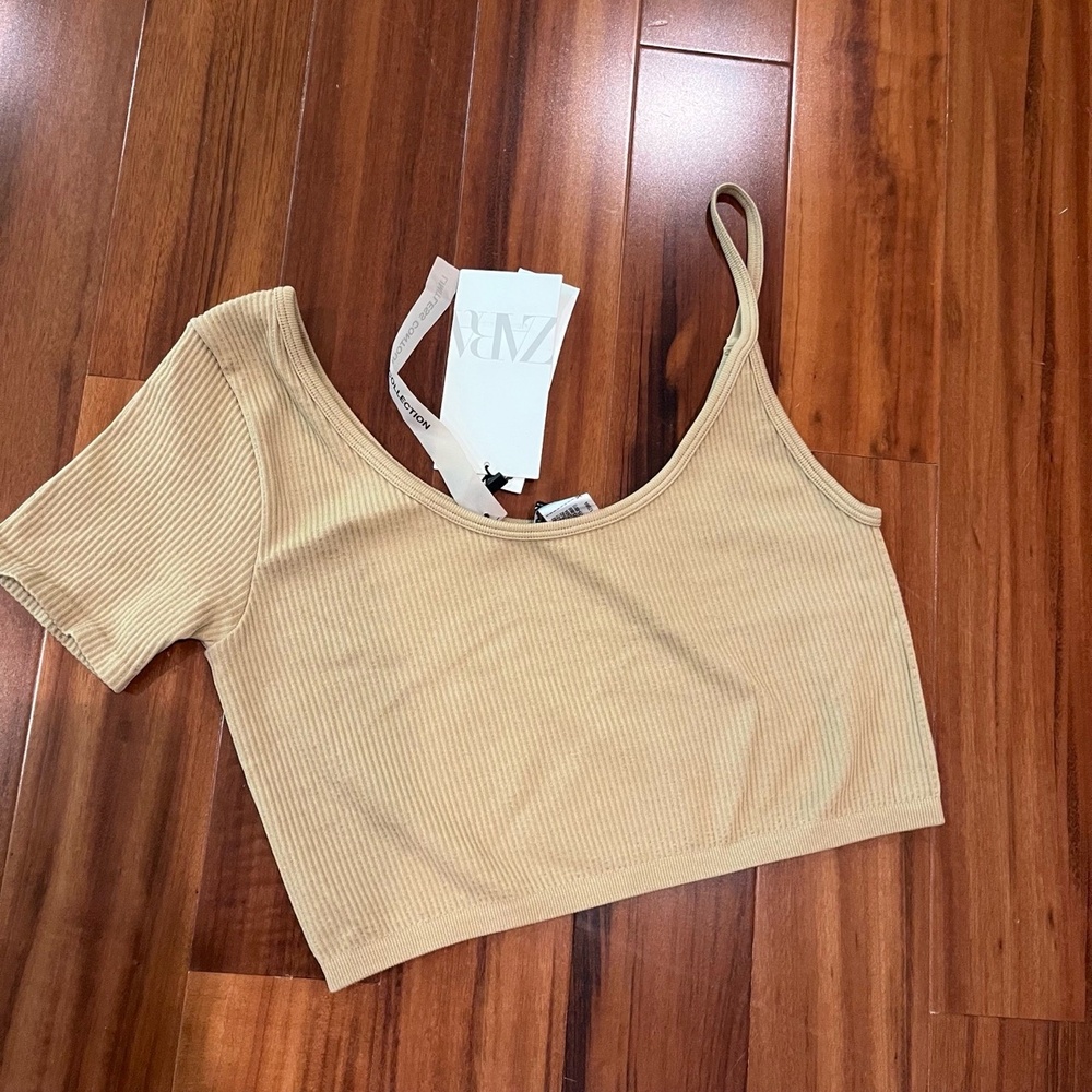 ZARA Beige Crop Top Ribbed Knit One Shoulder Strap Short Sleeve New Size M / L